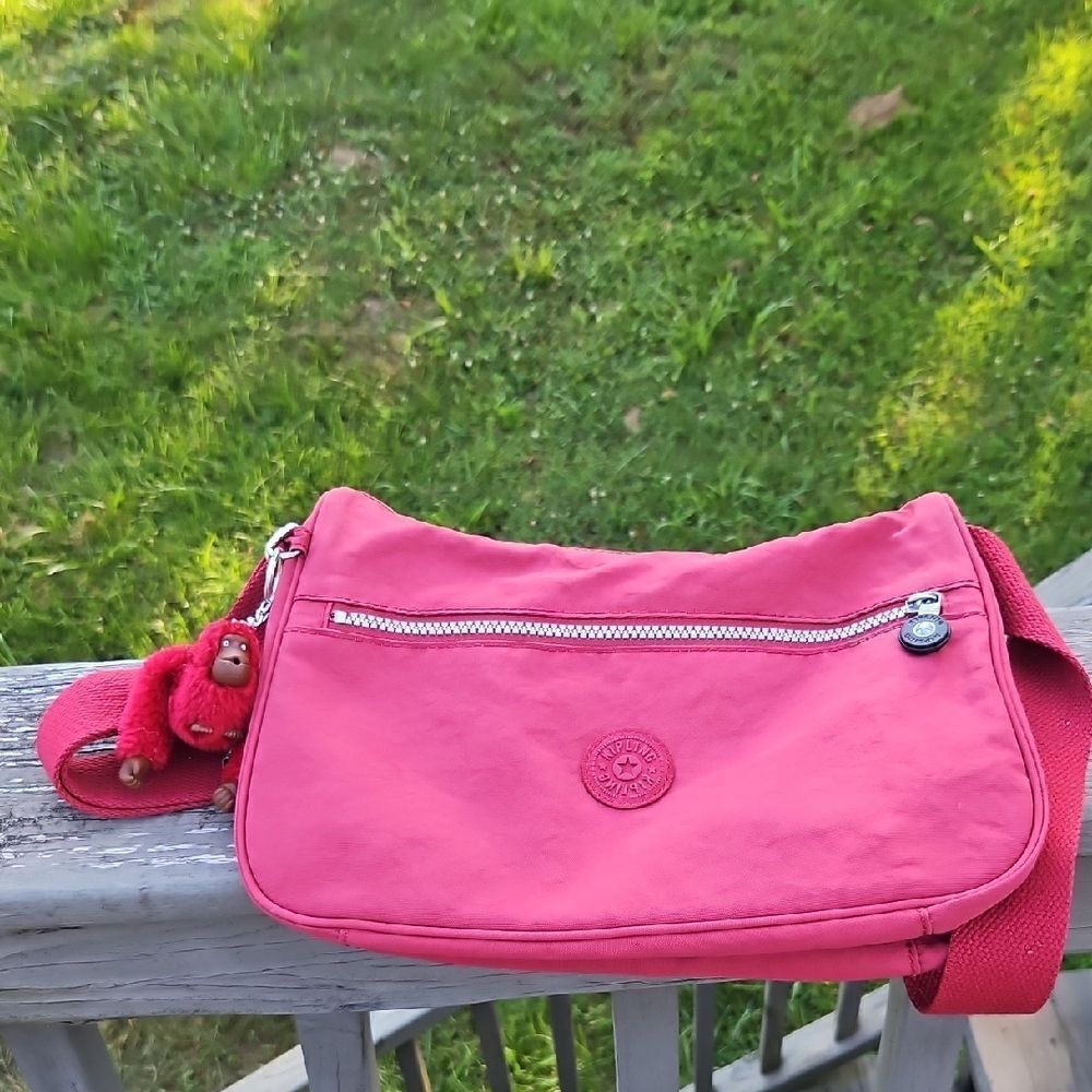 Kipling Pinkish-Red Crossbody Bag with Adjustable Strap & Monkey Keychain